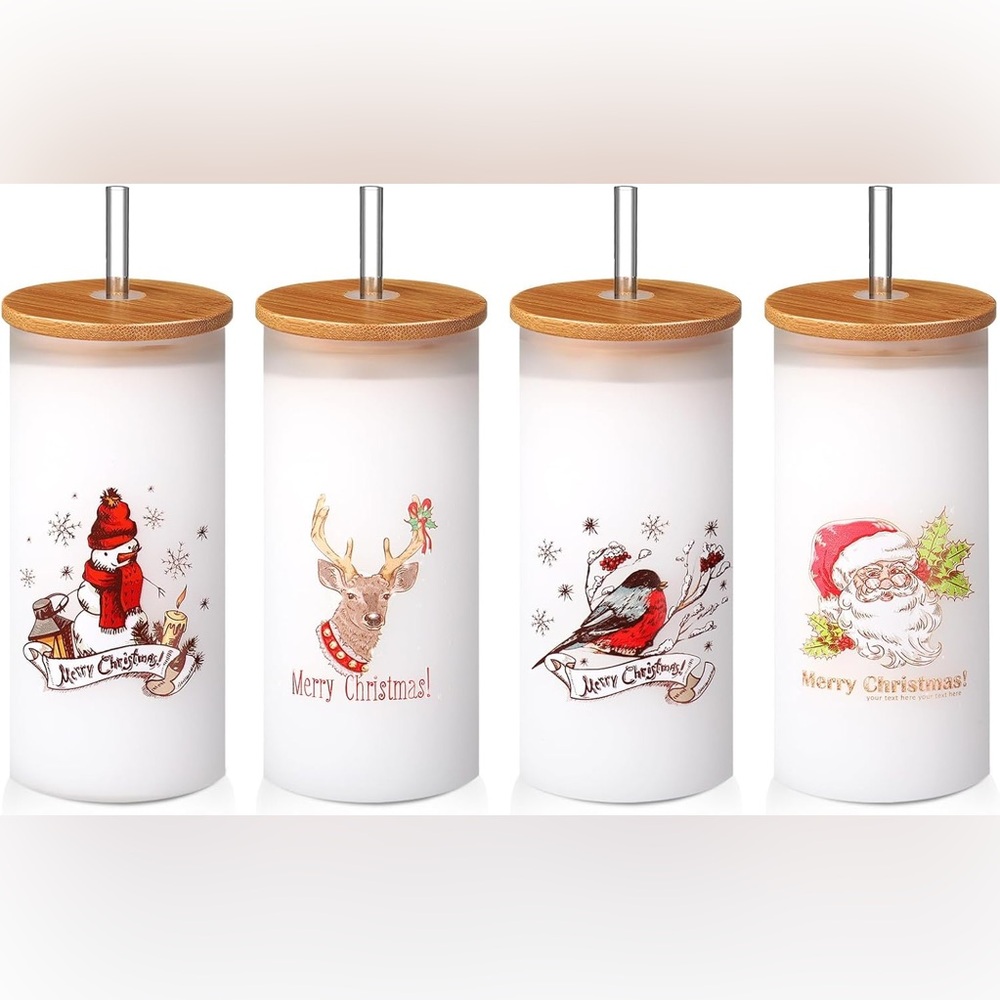 Festive/4 Pieces Christmas Glass Cups Set 16 oz/Bamboo Lids - Picture 13 of 14